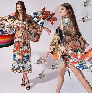 Asian Print Kimono Cover-Up Robe Floral Print